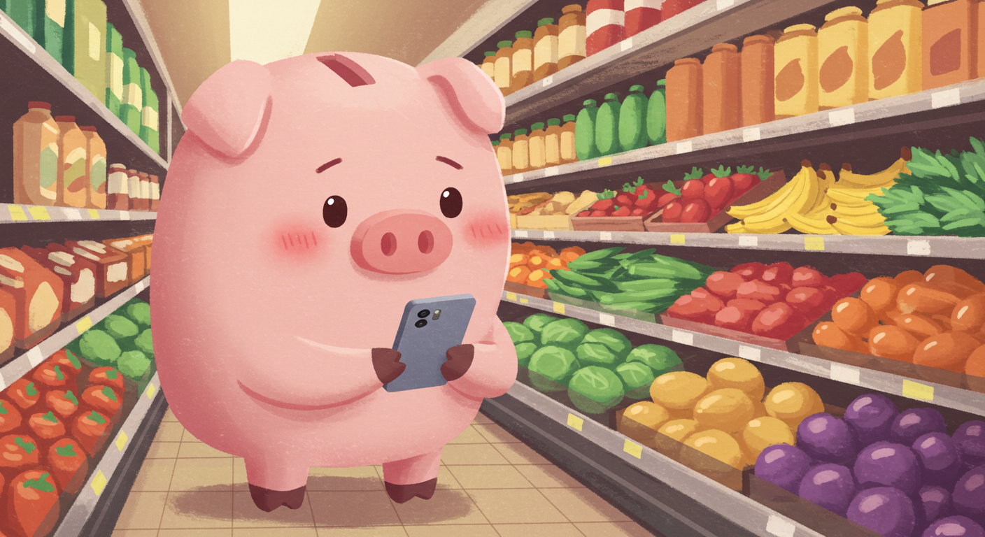 Pessoa usando o celular no supermercado para controlar a lista de compras.